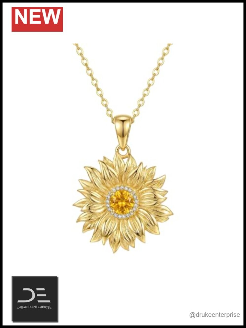 925 Sterling Silver Natural Citrine Sunflower Pendant Necklace 18K Gold Plated
